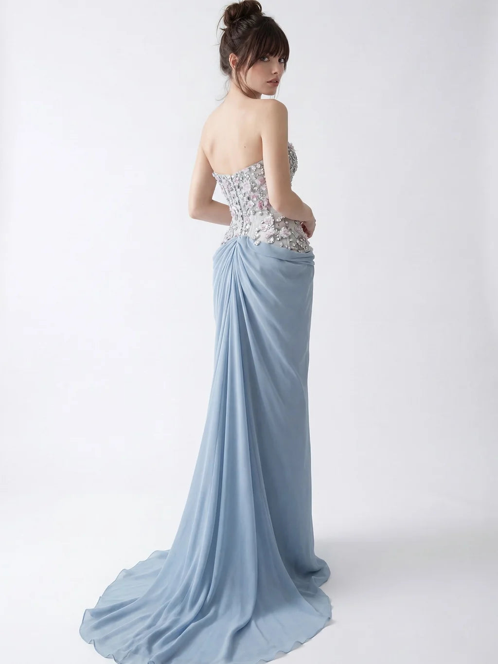 Elegant Strapless 3D Floral Beaded Lace Up Corset Draped Chiffon Mermaid Maxi Prom Dress with Train