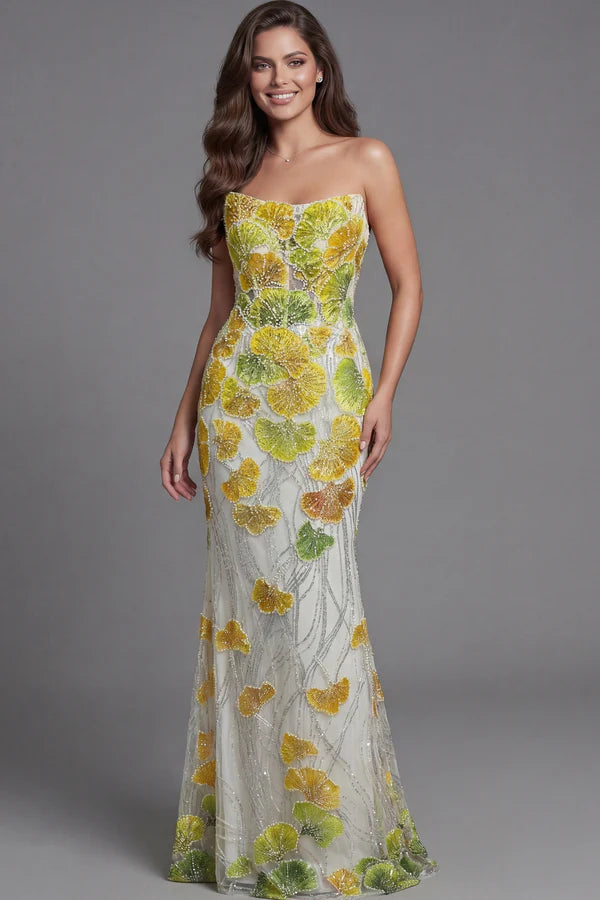 Elegant Strapless 3D Ginkgo Leaf Beaded Mermaid Maxi Prom Dress With Cape For Formal Evening Wedding Guest