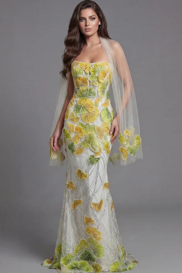Elegant Strapless 3D Ginkgo Leaf Beaded Mermaid Maxi Prom Dress With Cape For Formal Evening Wedding Guest