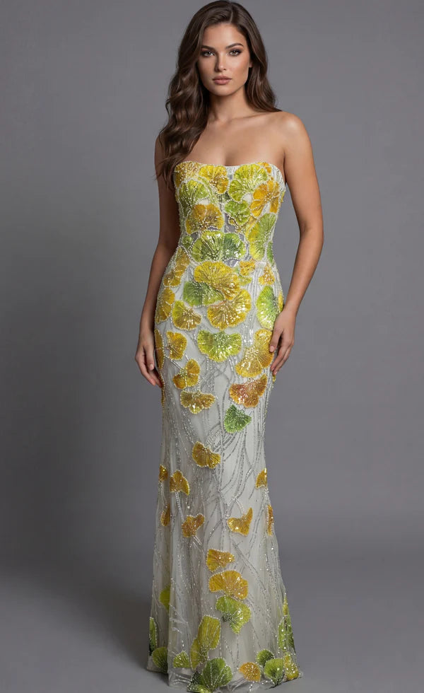 Elegant Strapless 3D Ginkgo Leaf Beaded Mermaid Maxi Prom Dress With Cape For Formal Evening Wedding Guest