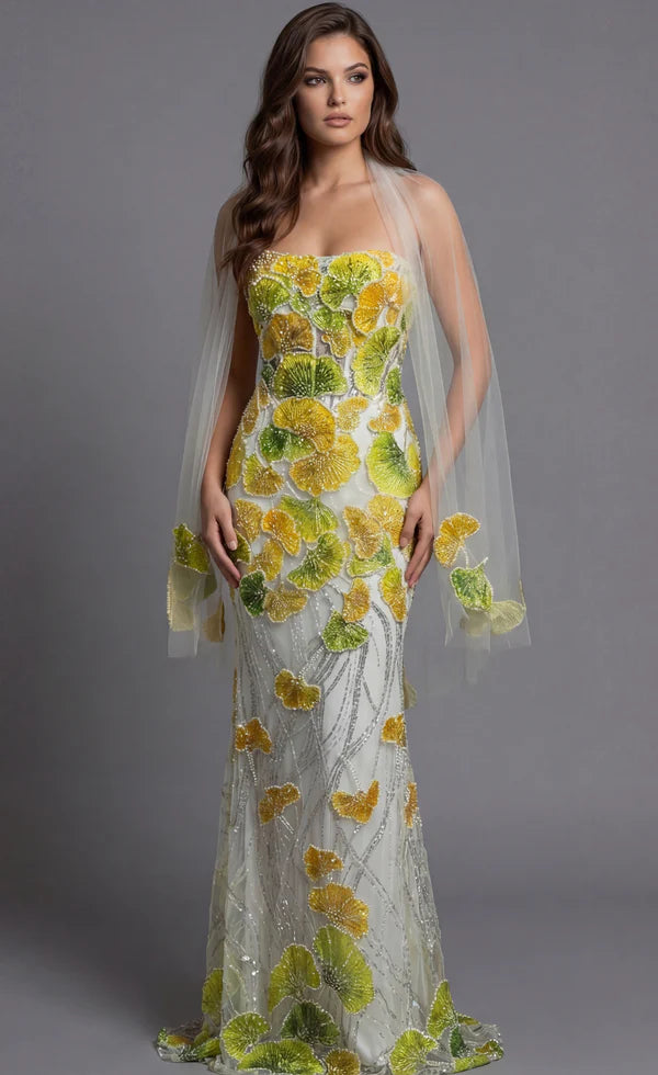 Elegant Strapless 3D Ginkgo Leaf Beaded Mermaid Maxi Prom Dress With Cape For Formal Evening Wedding Guest