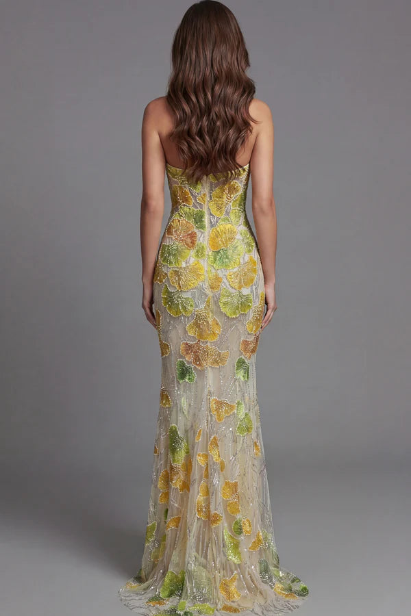 Elegant Strapless 3D Ginkgo Leaf Beaded Mermaid Maxi Prom Dress With Cape For Formal Evening Wedding Guest