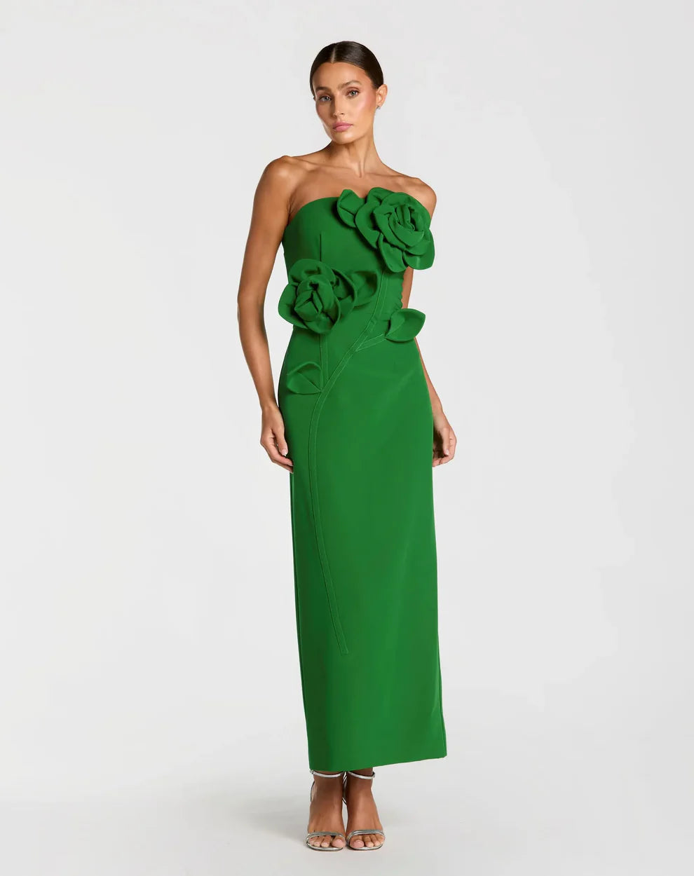 Elegant Strapless 3D Rose Detail Back Slit Maxi Prom Dress For Formal Evening Wedding Guest Bridesmaid Cocktail Party