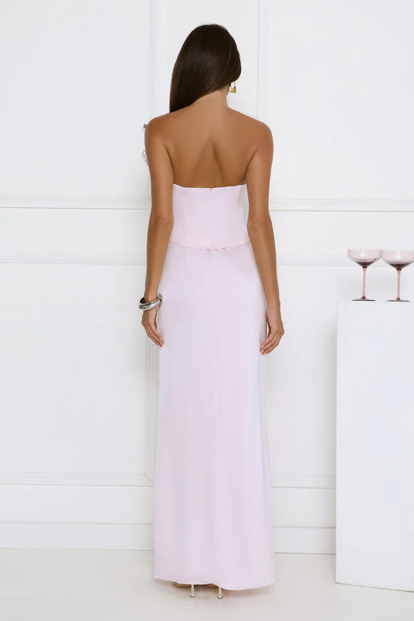 Elegant Strapless Corset Bodice 3D Floral Applique Embellished High Slit Ruffle Detail Maxi Evening Dress For Formal Evening Prom Wedding Guest Bridesmaid Beach Wedding Cocktail Party Gala
