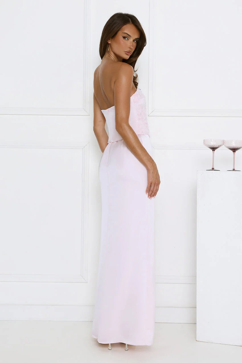 Elegant Strapless Corset Bodice 3D Floral Applique Embellished High Slit Ruffle Detail Maxi Evening Dress For Formal Evening Prom Wedding Guest Bridesmaid Beach Wedding Cocktail Party Gala