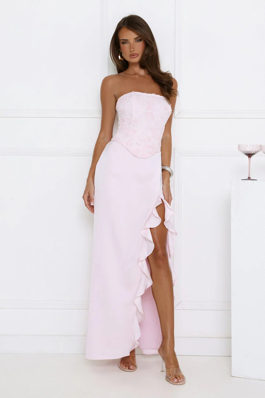 Elegant Strapless Corset Bodice 3D Floral Applique Embellished High Slit Ruffle Detail Maxi Evening Dress For Formal Evening Prom Wedding Guest Bridesmaid Beach Wedding Cocktail Party Gala