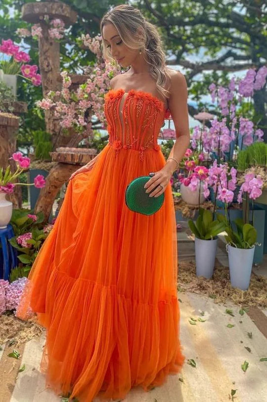 Elegant Strapless Corset Bodice 3D Floral Applique Embellished Multi Layer Tulle A Line Maxi Evening Dress For Formal Evening Prom Wedding Guest Bridesmaid Cocktail Party Gala