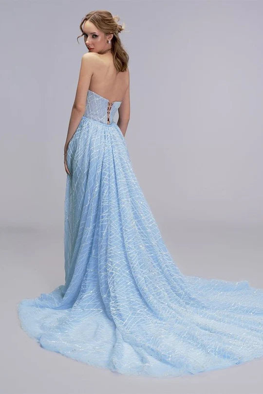 Elegant Strapless Corset Bodice Beaded Grid Detail High Slit A Line Maxi Evening Dress With Train For Formal Evening Prom Wedding Guest Bridesmaid Cocktail Party Gala