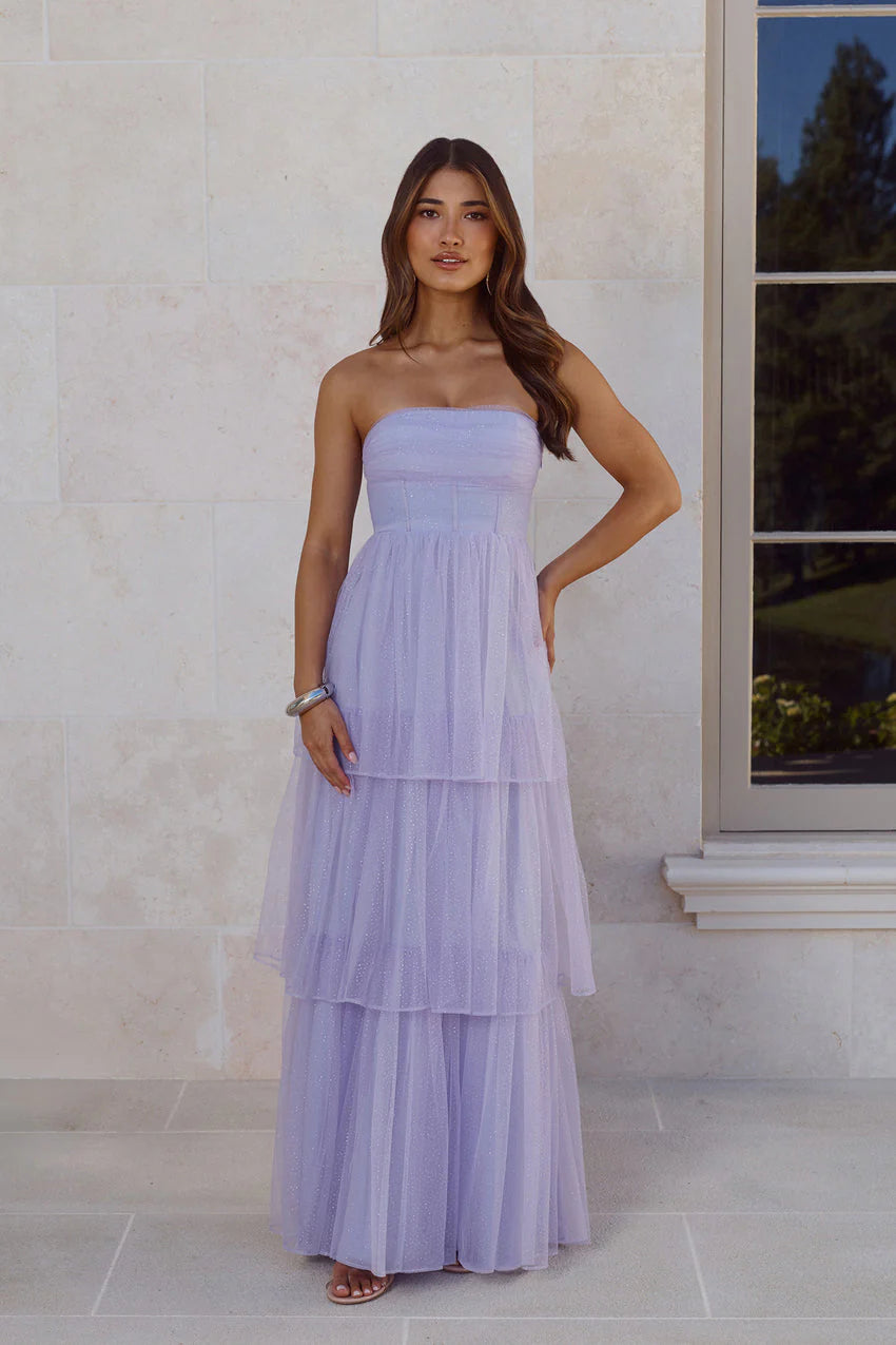 Elegant Strapless Corset Bodice Glitter Tulle Layered Ruffle A Line Maxi Evening Dress For Formal Evening Prom Wedding Guest Bridesmaid Beach Wedding Cocktail Party Gala