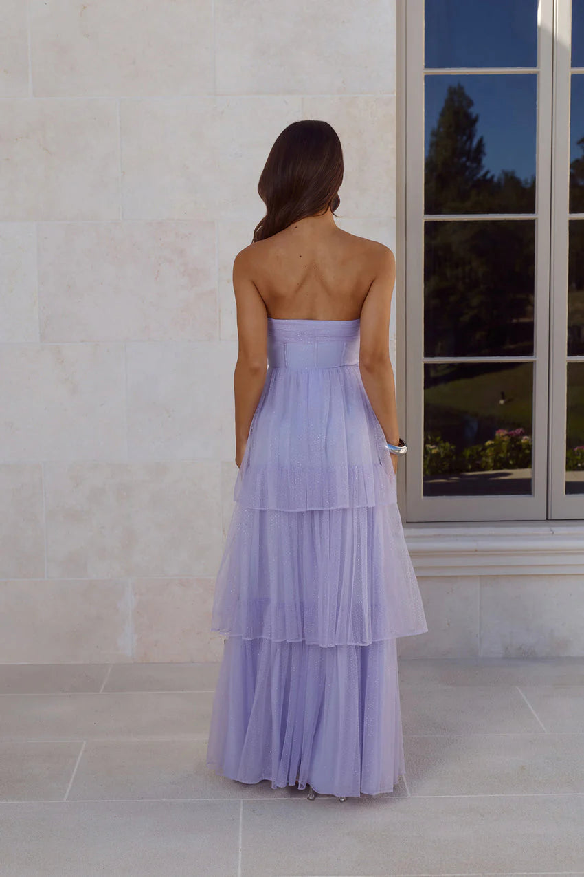 Elegant Strapless Corset Bodice Glitter Tulle Layered Ruffle A Line Maxi Evening Dress For Formal Evening Prom Wedding Guest Bridesmaid Beach Wedding Cocktail Party Gala