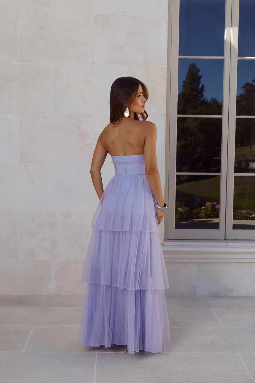 Elegant Strapless Corset Bodice Glitter Tulle Layered Ruffle A Line Maxi Evening Dress For Formal Evening Prom Wedding Guest Bridesmaid Beach Wedding Cocktail Party Gala
