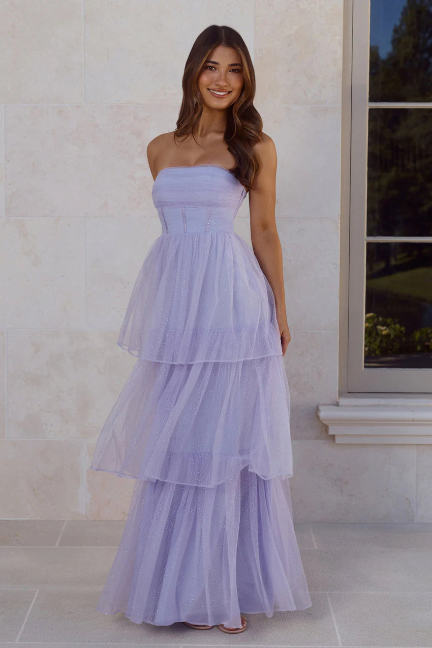 Elegant Strapless Corset Bodice Glitter Tulle Layered Ruffle A Line Maxi Evening Dress For Formal Evening Prom Wedding Guest Bridesmaid Beach Wedding Cocktail Party Gala