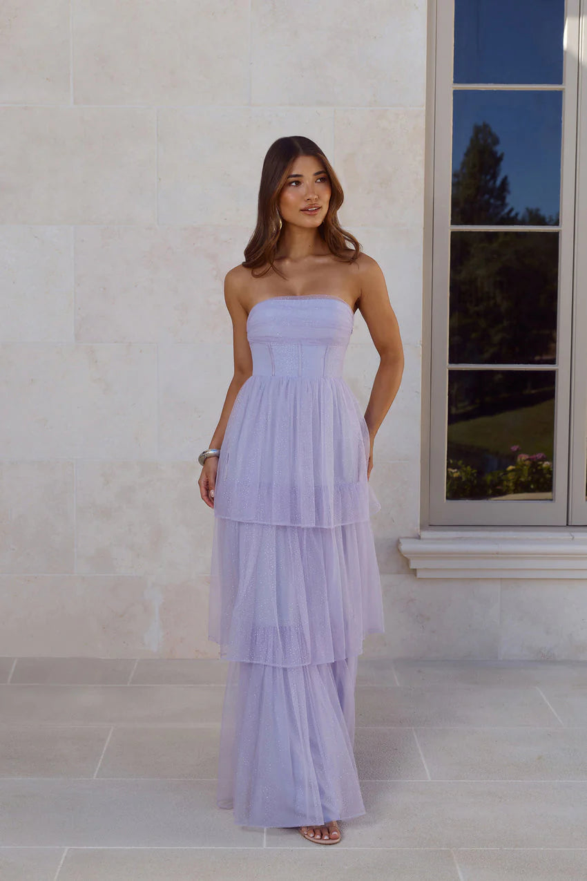 Elegant Strapless Corset Bodice Glitter Tulle Layered Ruffle A Line Maxi Evening Dress For Formal Evening Prom Wedding Guest Bridesmaid Beach Wedding Cocktail Party Gala