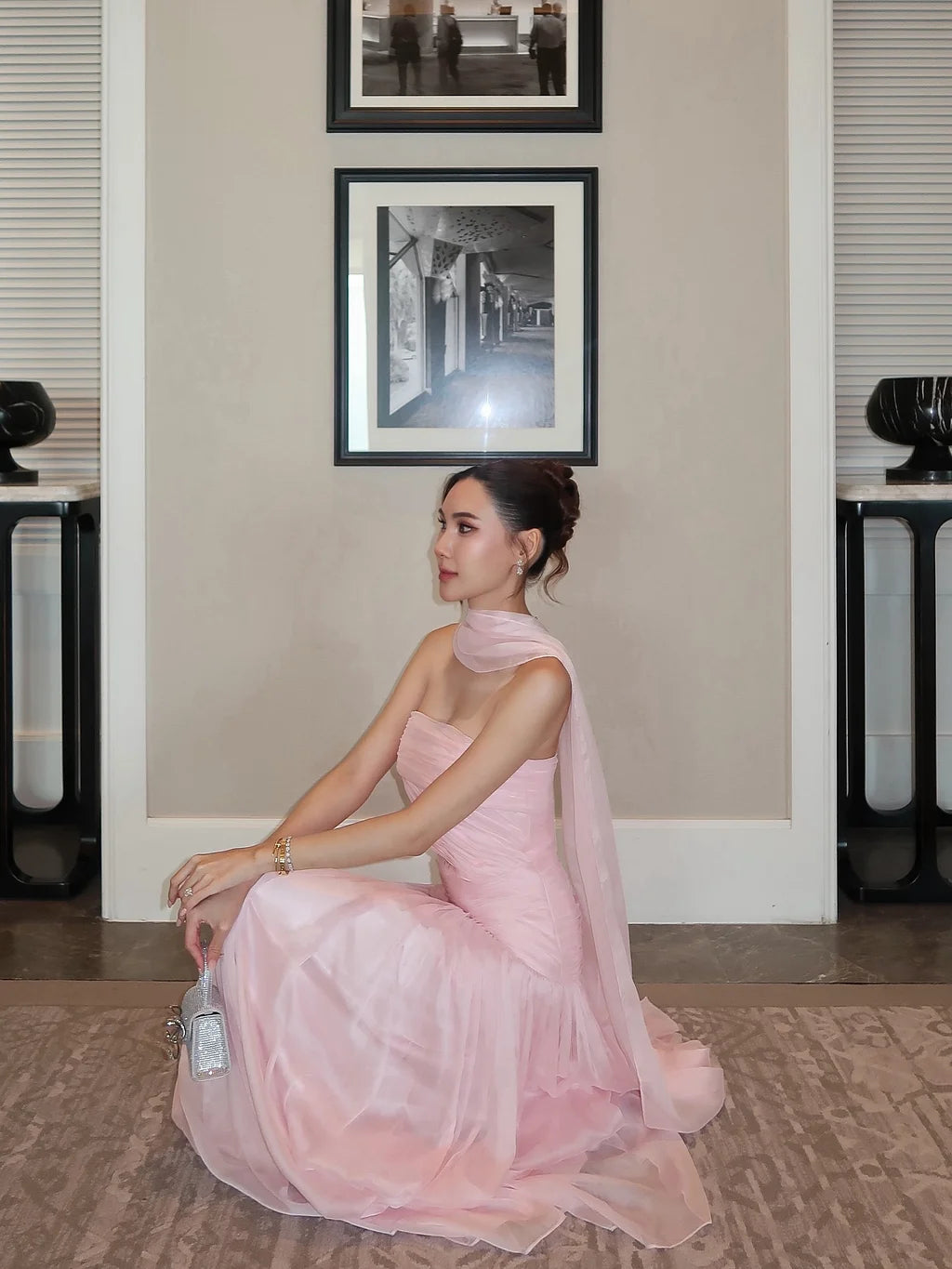 Elegant Strapless Draped Chiffon A-Line Maxi Prom Dress with Scarf