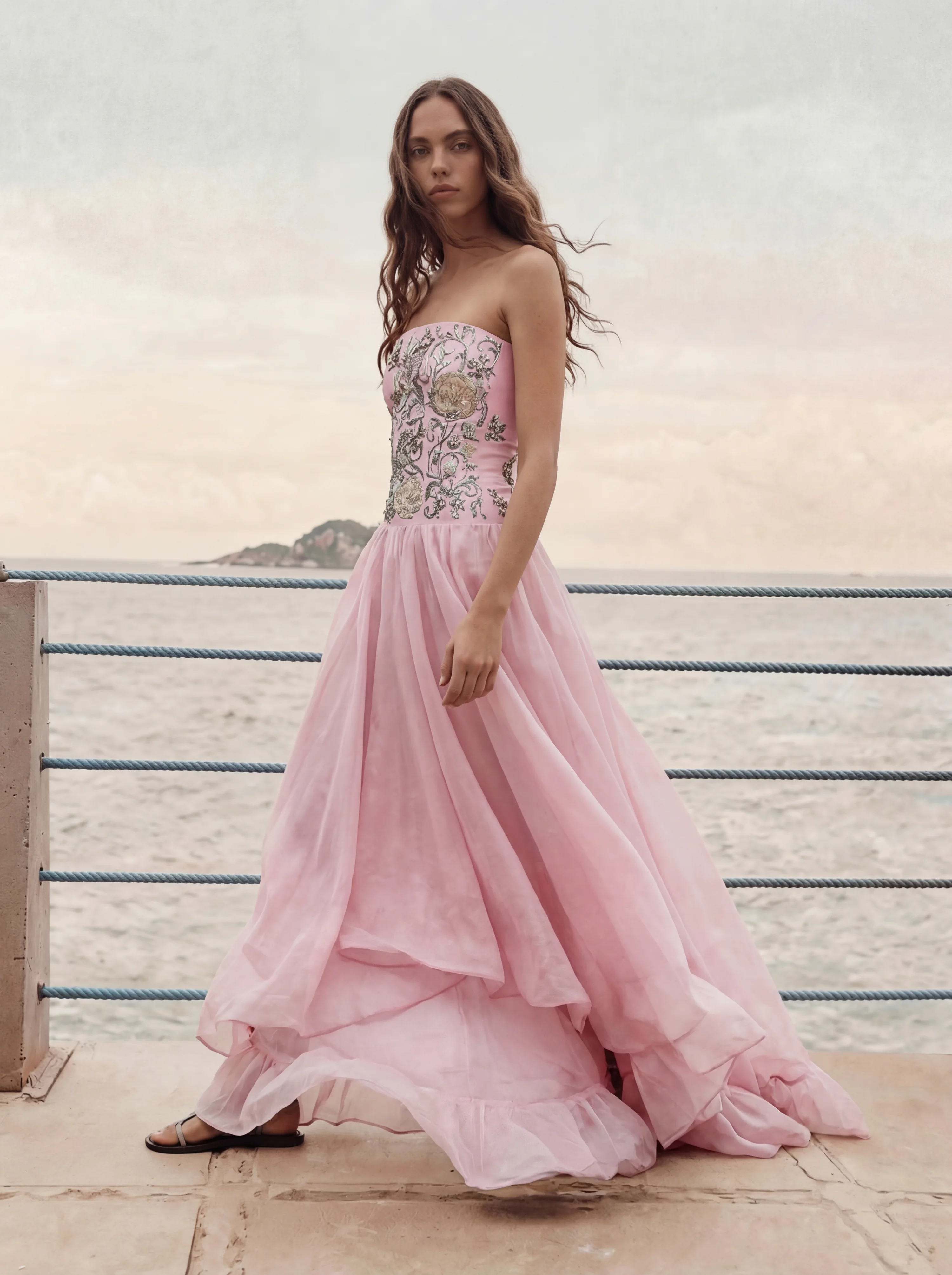 Elegant Strapless Embroidered Beaded Floral Organza Maxi Prom Dress For Formal Evening Wedding Guest Bridesmaid Cocktail Party