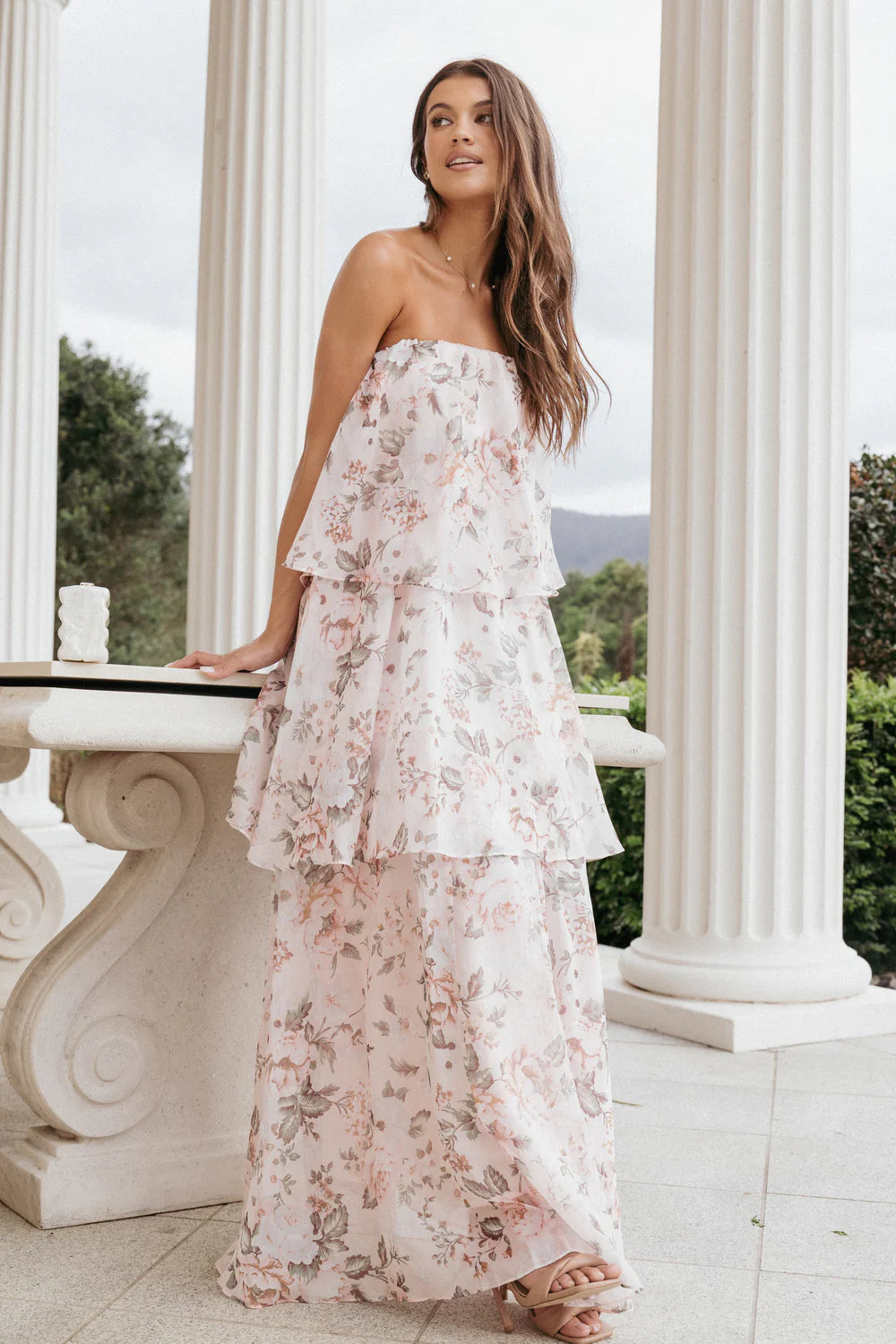 Elegant Strapless Floral Print Tiered Ruffle Maxi Prom Dress For Formal Evening Wedding Guest Bridesmaid Cocktail Party