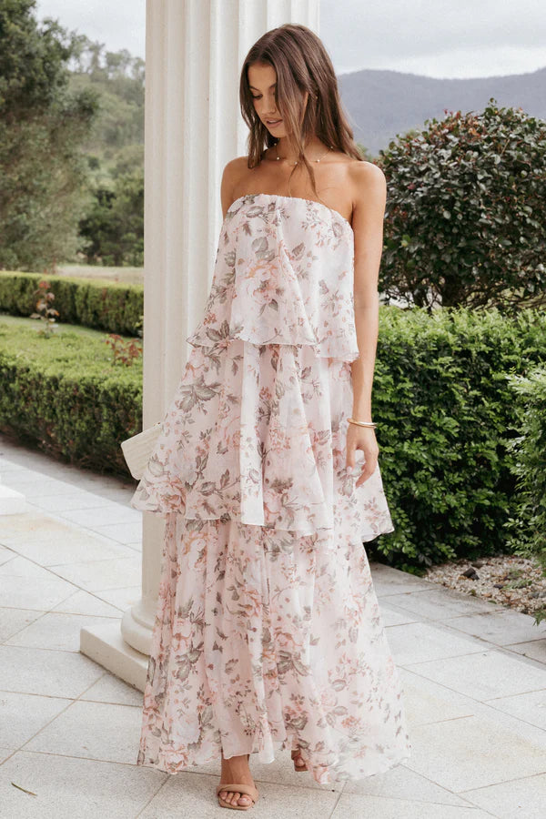 Elegant Strapless Floral Print Tiered Ruffle Maxi Prom Dress For Formal Evening Wedding Guest Bridesmaid Cocktail Party