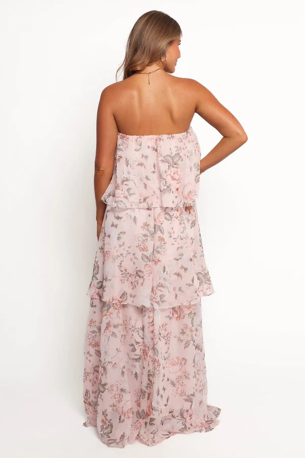 Elegant Strapless Floral Print Tiered Ruffle Maxi Prom Dress For Formal Evening Wedding Guest Bridesmaid Cocktail Party