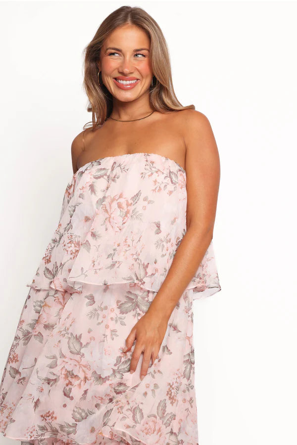 Elegant Strapless Floral Print Tiered Ruffle Maxi Prom Dress For Formal Evening Wedding Guest Bridesmaid Cocktail Party