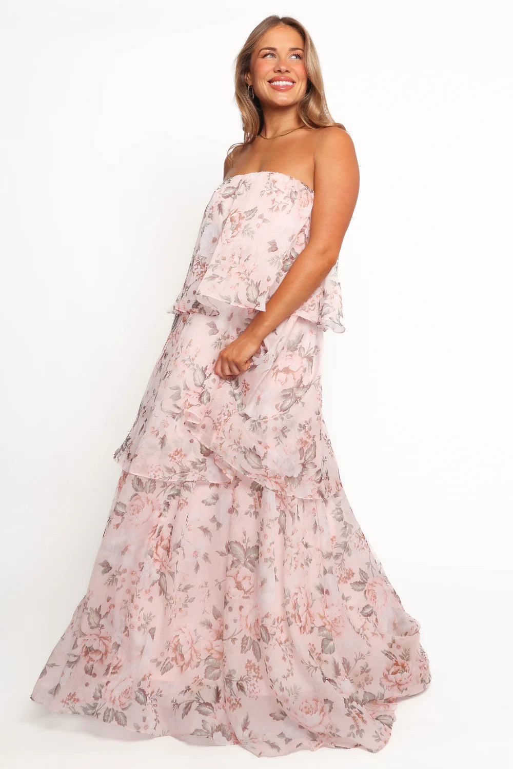 Elegant Strapless Floral Print Tiered Ruffle Maxi Prom Dress For Formal Evening Wedding Guest Bridesmaid Cocktail Party
