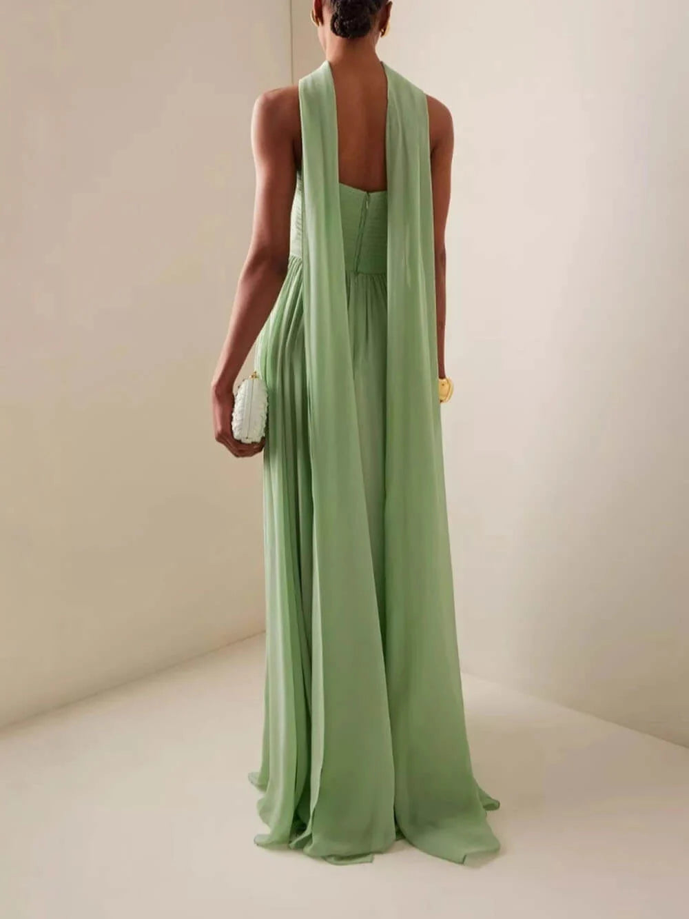Elegant Strapless Halter Draped Chiffon Maxi Prom Dress With Open Back For Formal Evening Bridal