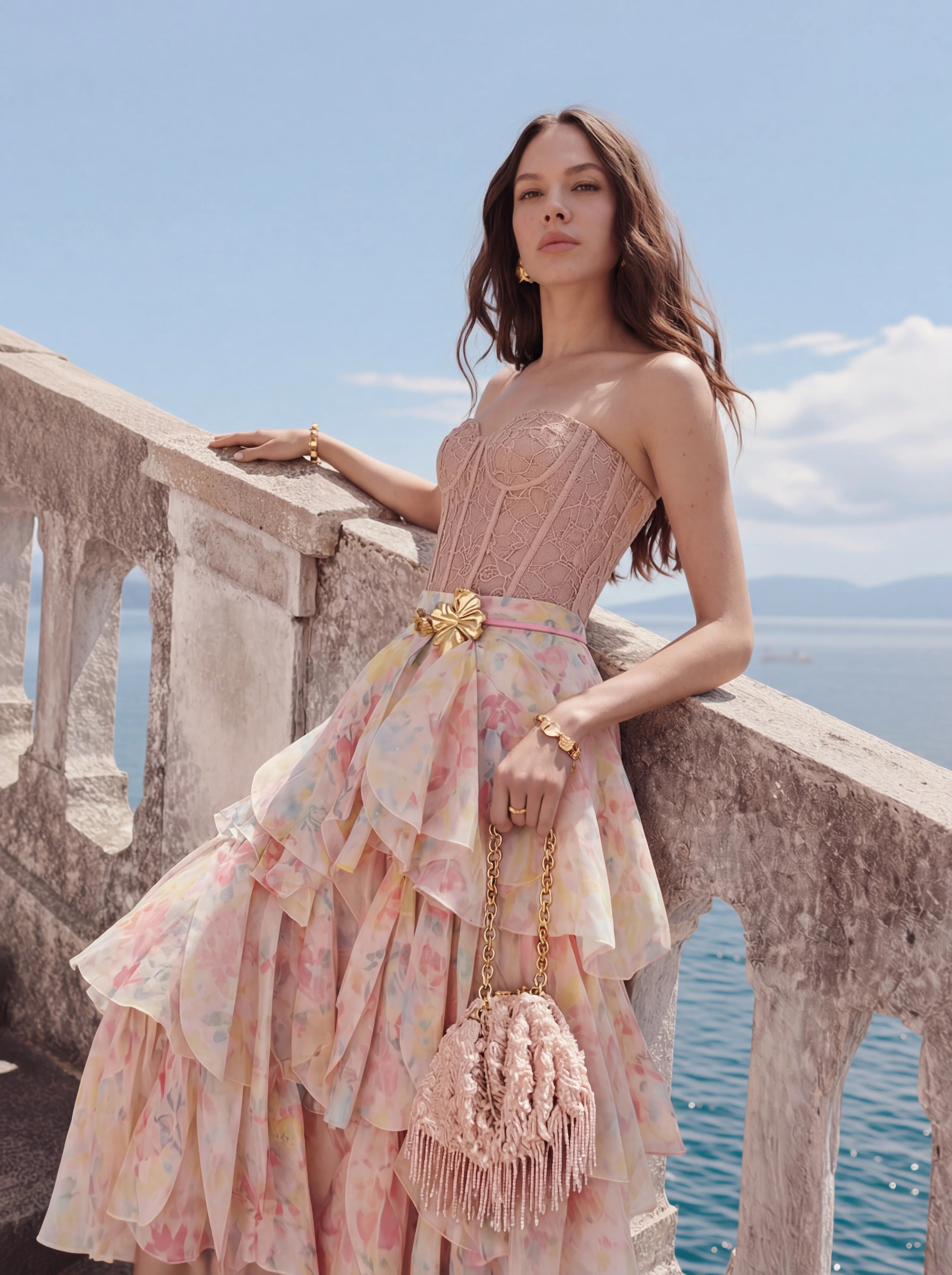 Elegant Strapless Lace Corset Bodice Floral Print Tiered Ruffle Maxi Prom Dress With Belt For Formal Evening Wedding Guest Bridesmaid Cocktail Party