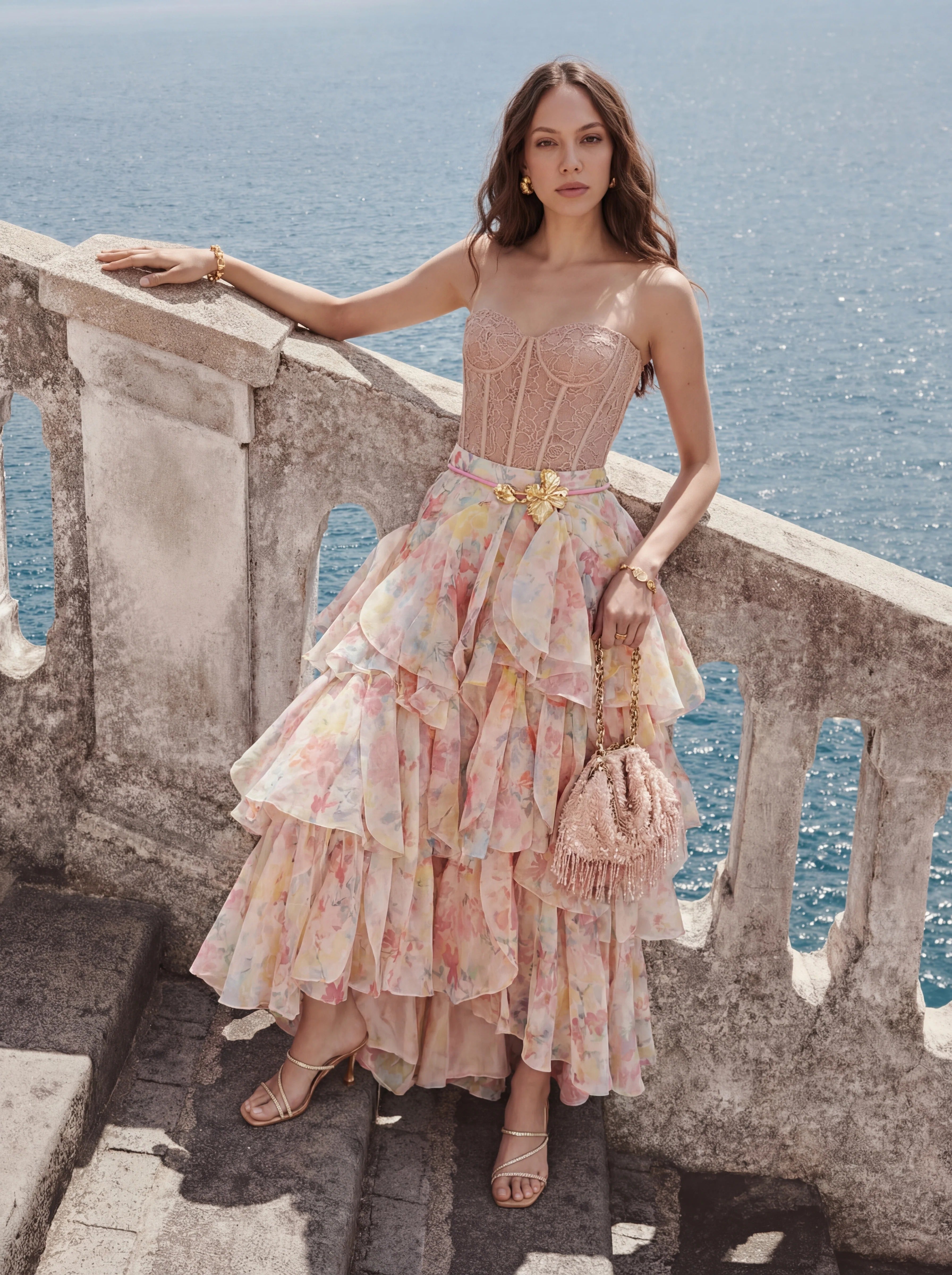 Elegant Strapless Lace Corset Bodice Floral Print Tiered Ruffle Maxi Prom Dress With Belt For Formal Evening Wedding Guest Bridesmaid Cocktail Party