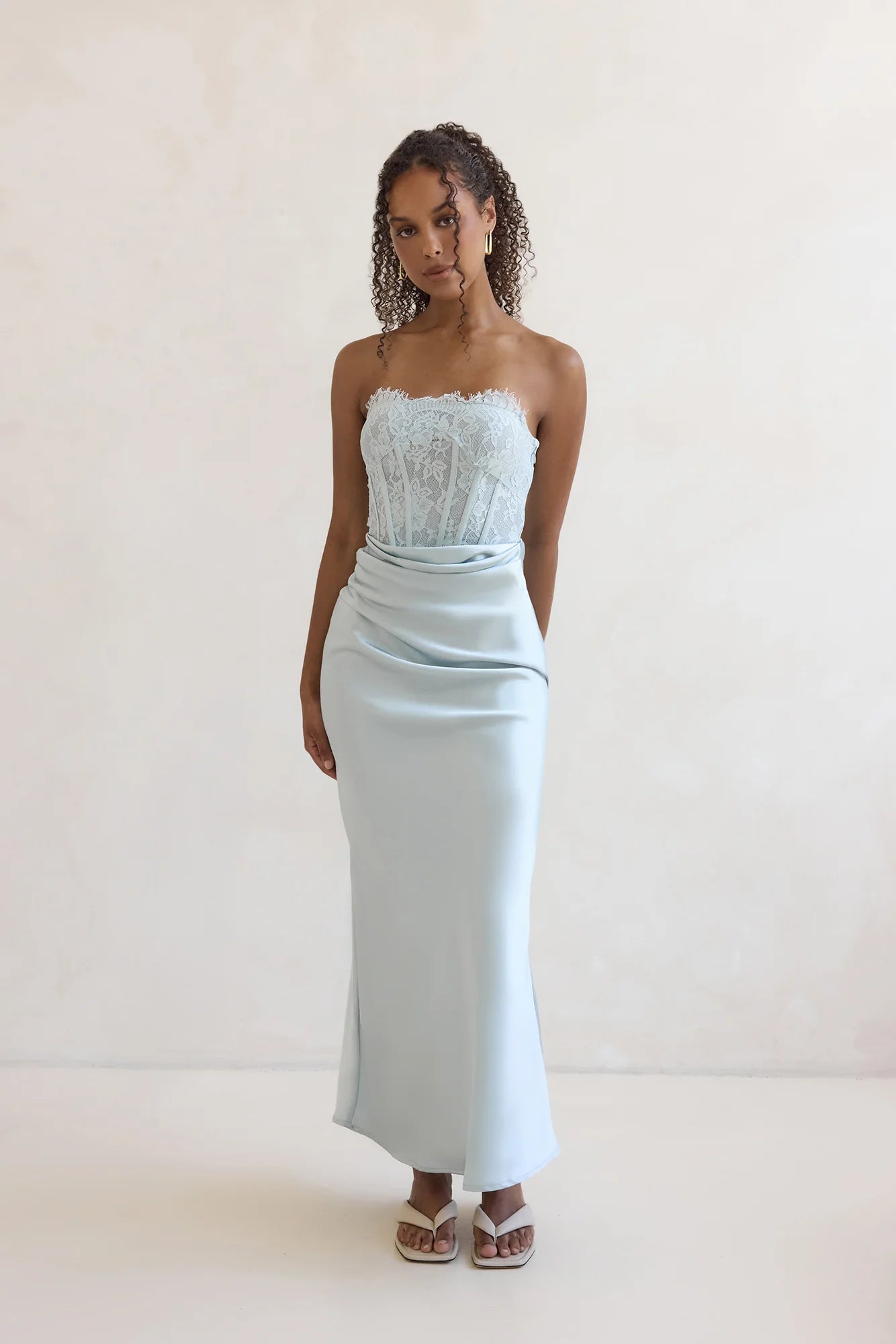 Elegant Strapless Lace Corset Draped Waist Satin Maxi Prom Dress For Formal Evening Wedding Guest Bridesmaid Cocktail Party
