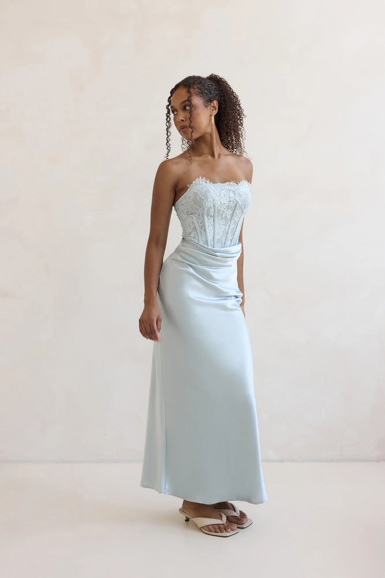 Elegant Strapless Lace Corset Draped Waist Satin Maxi Prom Dress For Formal Evening Wedding Guest Bridesmaid Cocktail Party