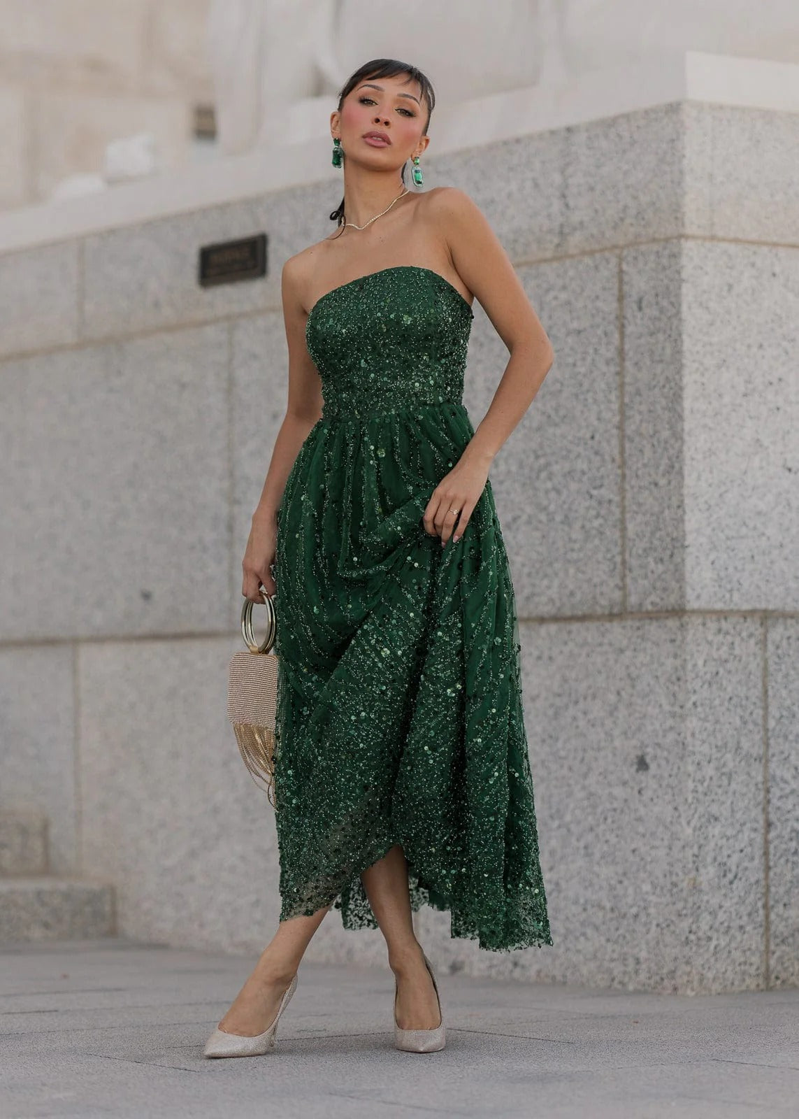 Elegant Strapless Open Back Corset Bodice Sequin Embellished A Line Midi Evening Dress For Formal Evening Prom Wedding Guest Bridesmaid Cocktail Party Gala
