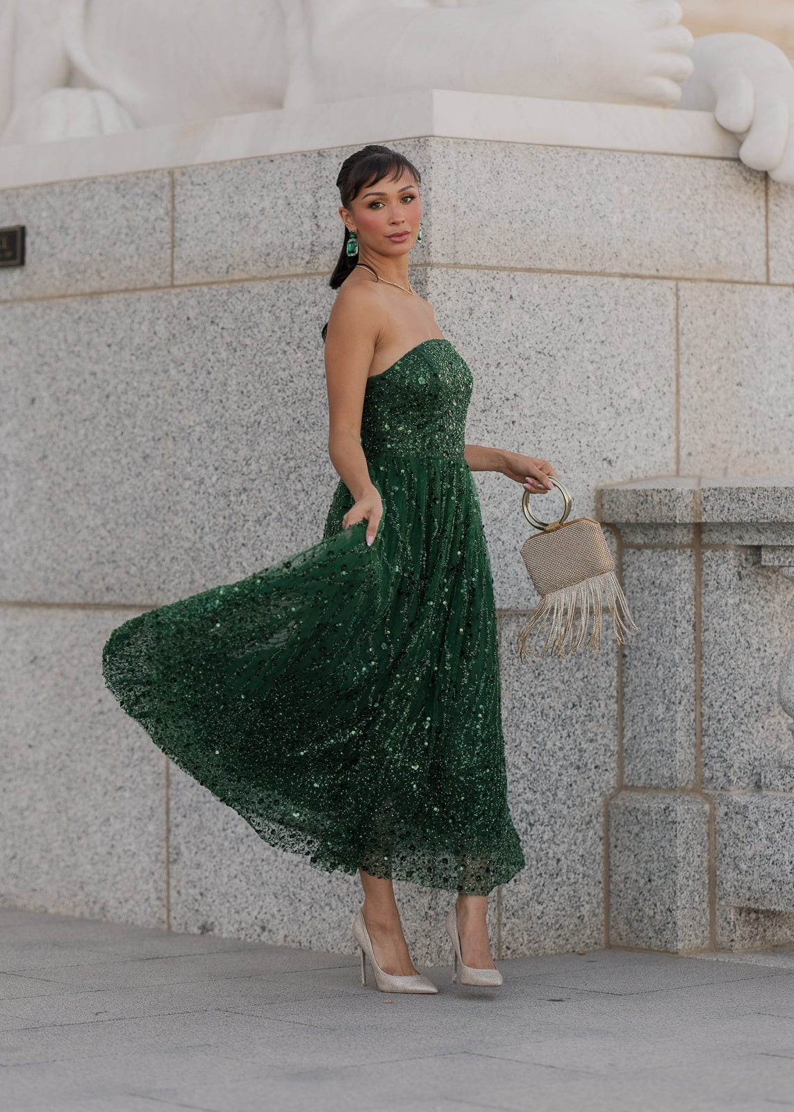 Elegant Strapless Open Back Corset Bodice Sequin Embellished A Line Midi Evening Dress For Formal Evening Prom Wedding Guest Bridesmaid Cocktail Party Gala