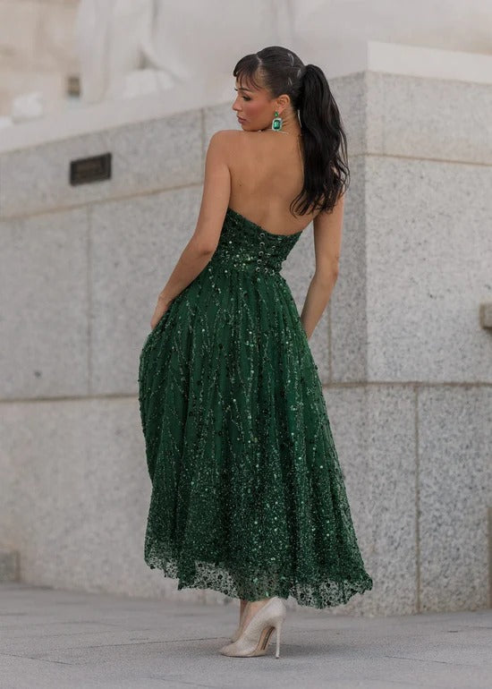 Elegant Strapless Open Back Corset Bodice Sequin Embellished A Line Midi Evening Dress For Formal Evening Prom Wedding Guest Bridesmaid Cocktail Party Gala