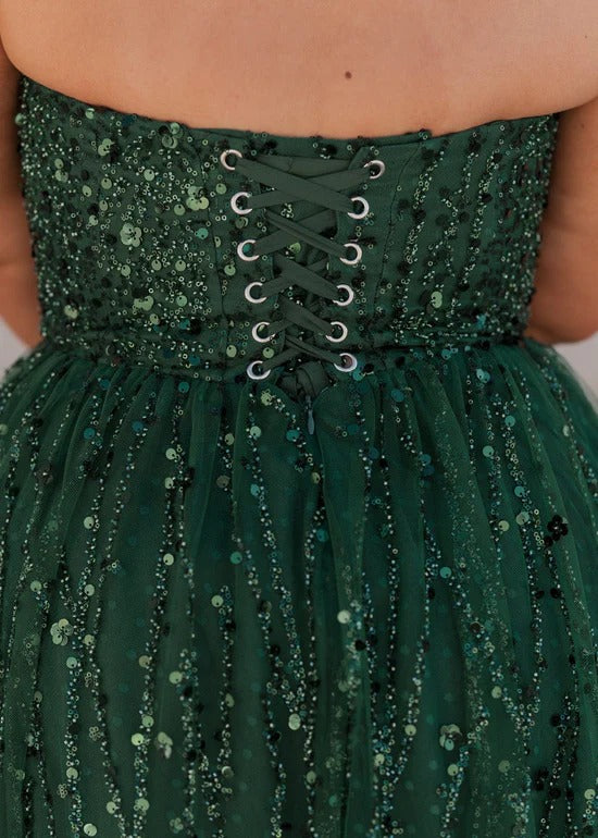 Elegant Strapless Open Back Corset Bodice Sequin Embellished A Line Midi Evening Dress For Formal Evening Prom Wedding Guest Bridesmaid Cocktail Party Gala