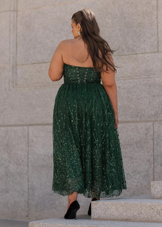 Elegant Strapless Open Back Corset Bodice Sequin Embellished A Line Midi Evening Dress For Formal Evening Prom Wedding Guest Bridesmaid Cocktail Party Gala