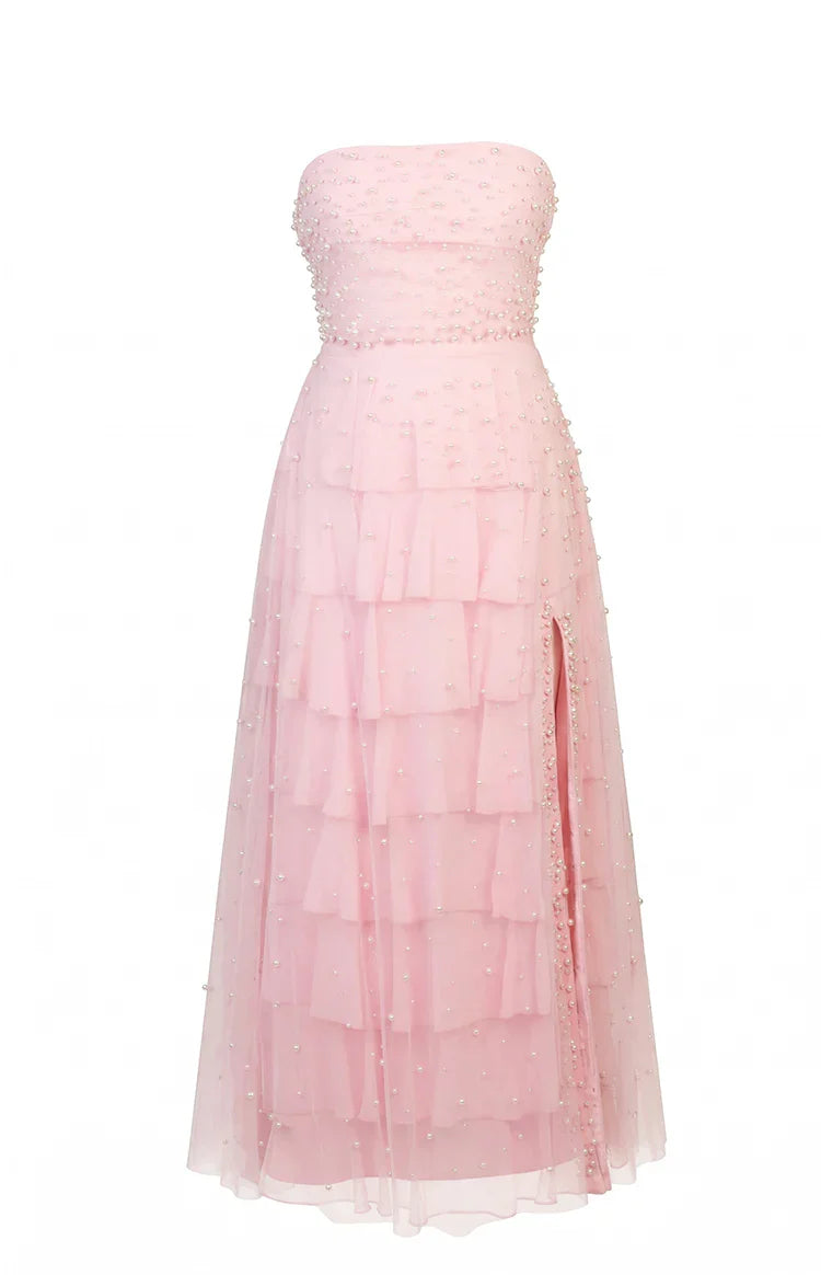 Elegant Strapless Pearl Embellished Lace Up Back Tiered Ruffle Maxi Prom Dress For Formal Evening Wedding Guest Bridesmaid Cocktail Party