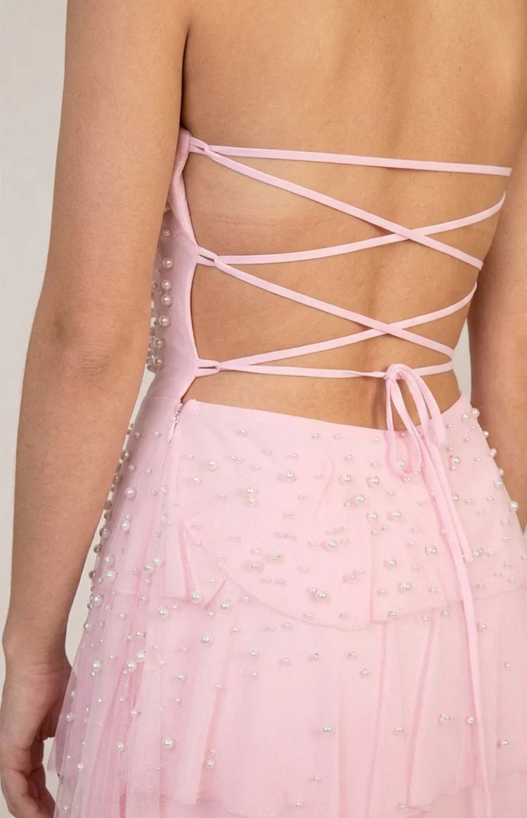 Elegant Strapless Pearl Embellished Lace Up Back Tiered Ruffle Maxi Prom Dress For Formal Evening Wedding Guest Bridesmaid Cocktail Party