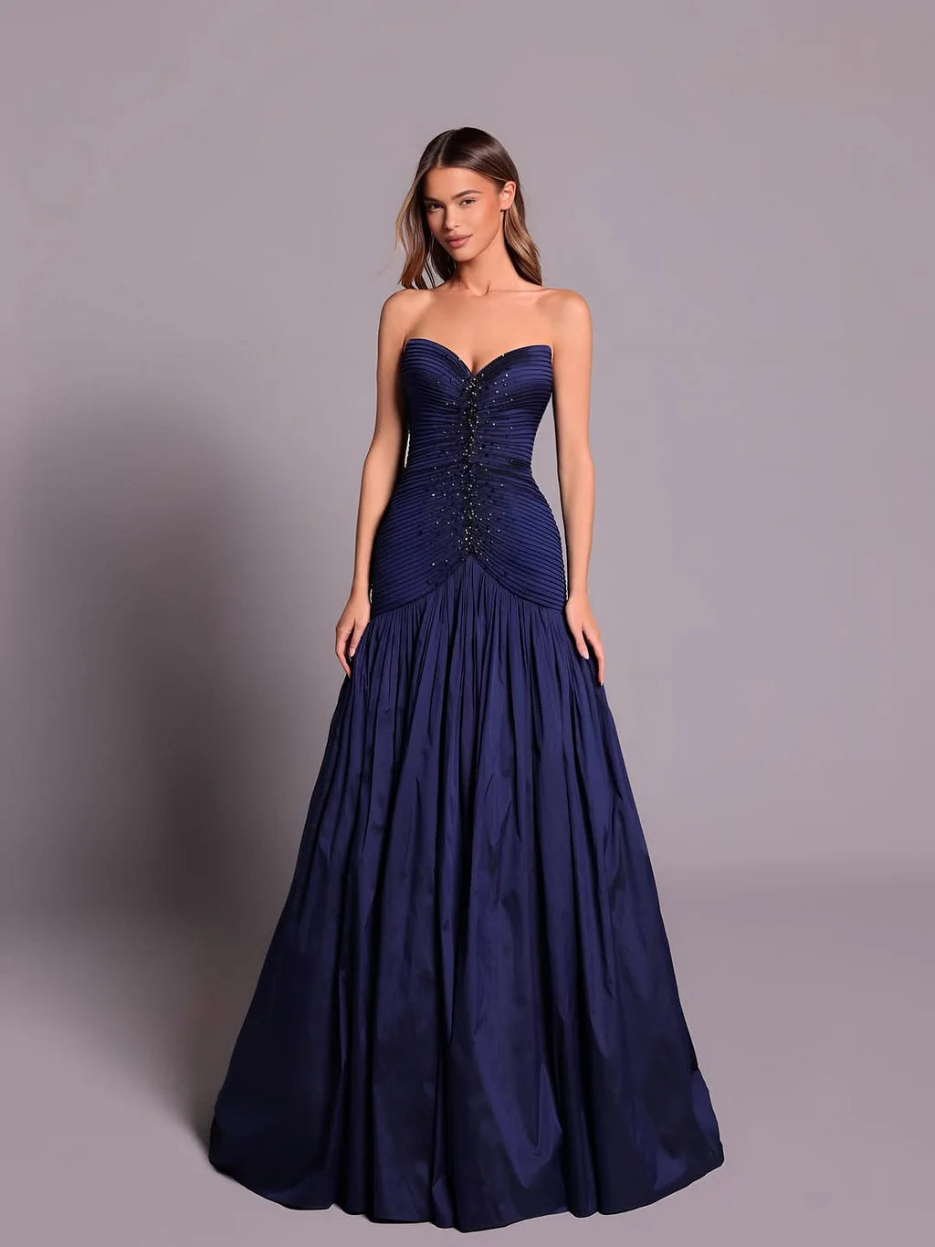 Elegant Strapless Pleated Beaded Ruched Satin Mermaid Maxi Prom Dress