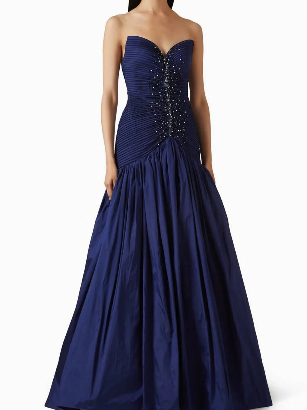 Elegant Strapless Pleated Beaded Ruched Satin Mermaid Maxi Prom Dress