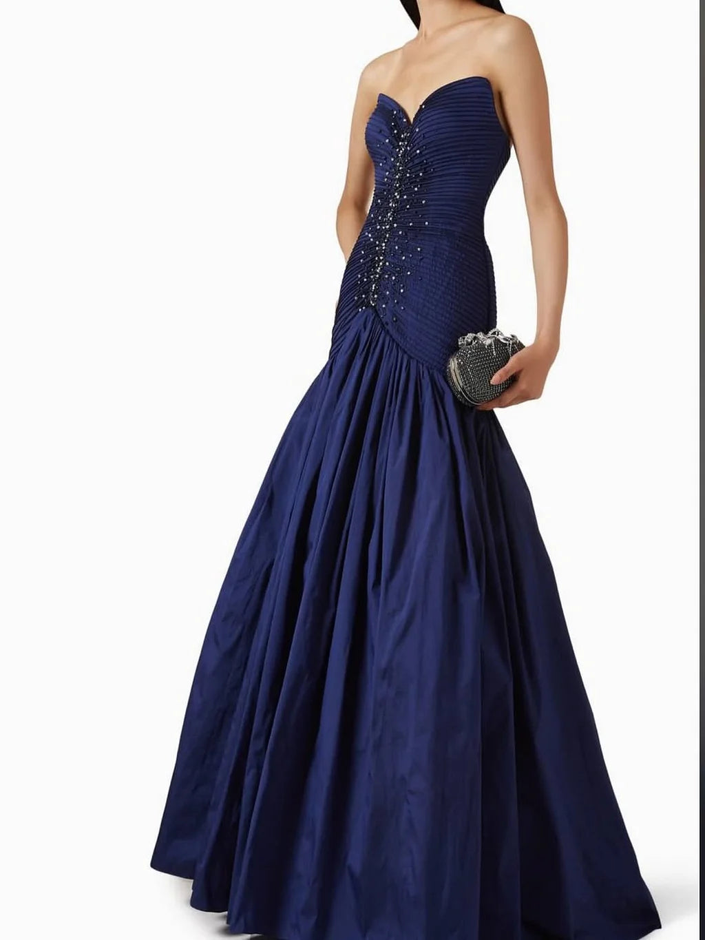 Elegant Strapless Pleated Beaded Ruched Satin Mermaid Maxi Prom Dress