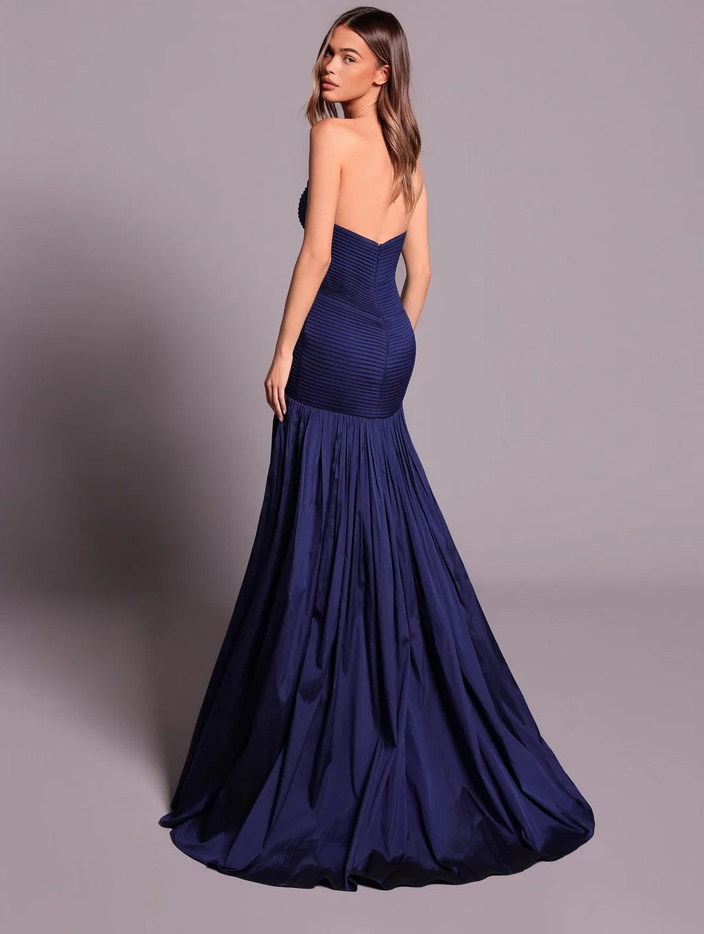 Elegant Strapless Pleated Beaded Ruched Satin Mermaid Maxi Prom Dress