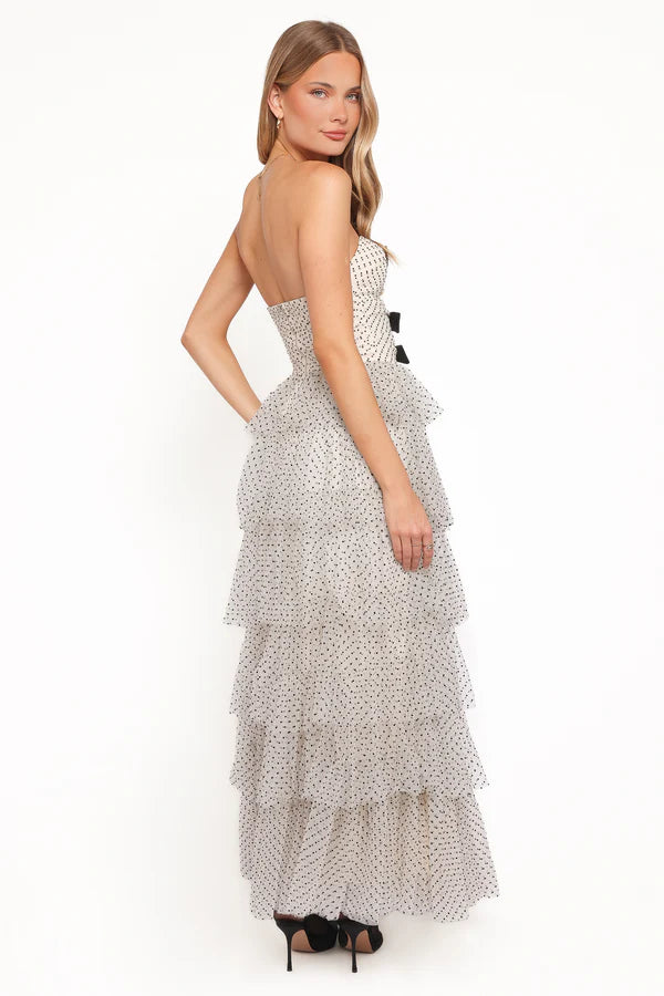 Elegant Strapless Polka Dot Tiered Ruffle Maxi Prom Dress With Bow Detail And Cut Out For Formal Evening Wedding Guest Bridesmaid Cocktail Party