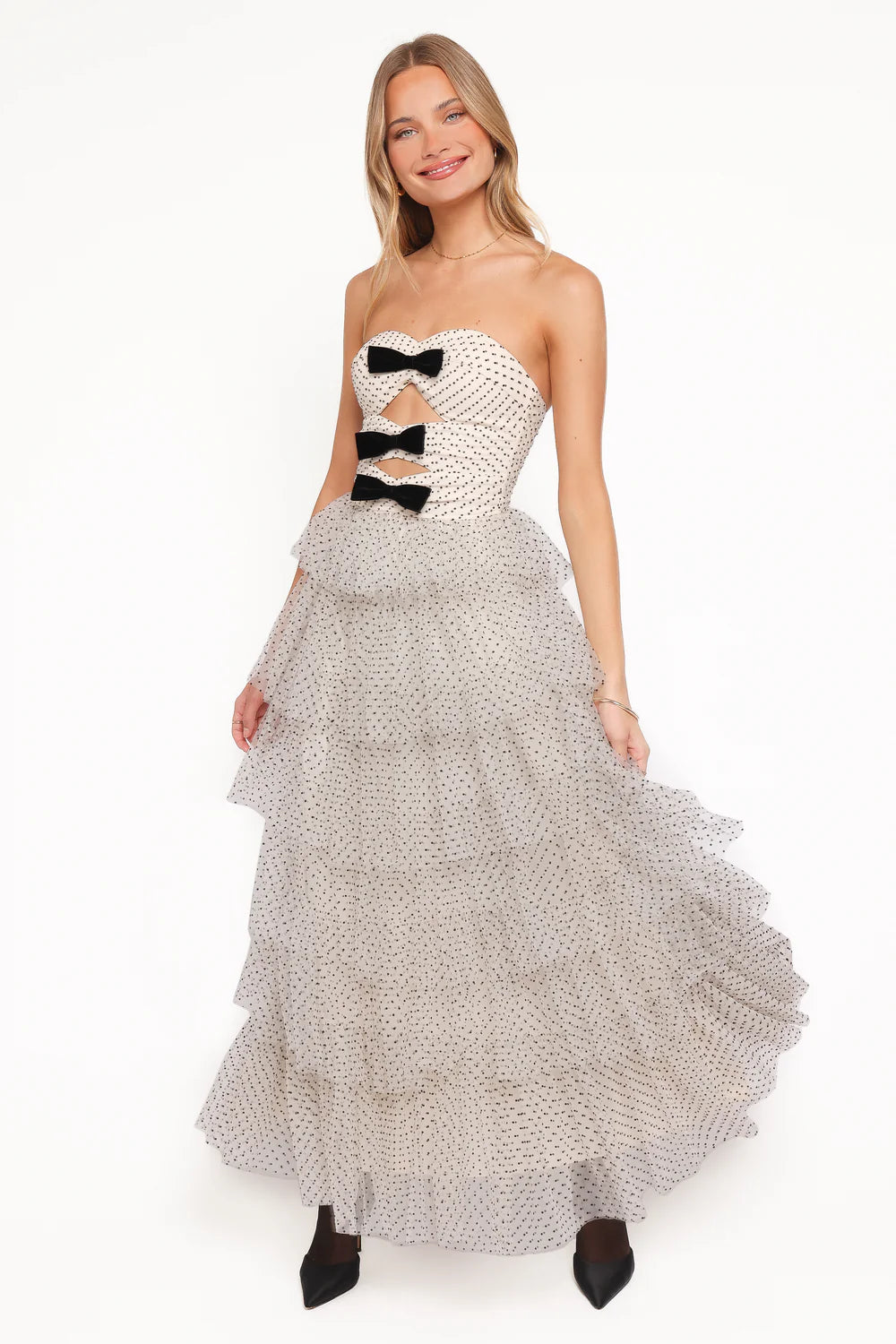 Elegant Strapless Polka Dot Tiered Ruffle Maxi Prom Dress With Bow Detail And Cut Out For Formal Evening Wedding Guest Bridesmaid Cocktail Party