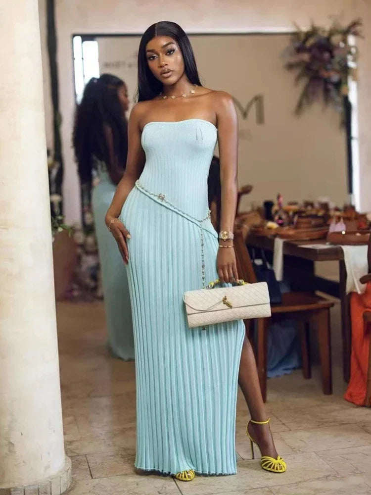 Elegant Strapless Ribbed Bodycon Maxi Prom Dress With Detachable Pearl Chain For Formal Evening Wedding Guest