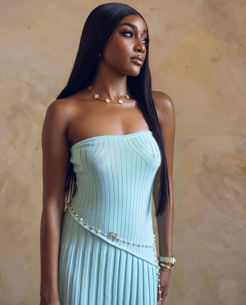 Elegant Strapless Ribbed Bodycon Maxi Prom Dress With Detachable Pearl Chain For Formal Evening Wedding Guest