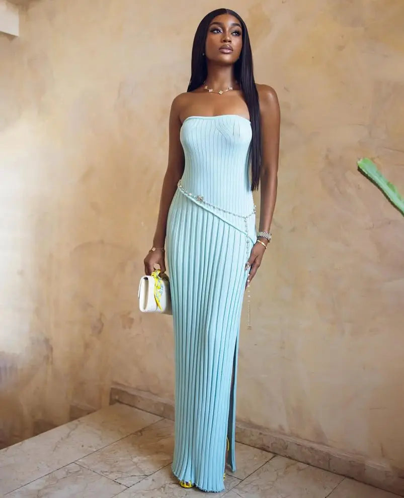 Elegant Strapless Ribbed Bodycon Maxi Prom Dress With Detachable Pearl Chain For Formal Evening Wedding Guest