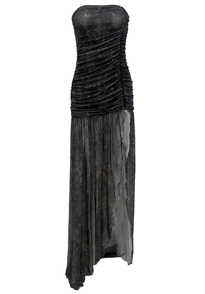 Elegant Strapless Ruched Glitter Mesh High Slit Mermaid Maxi Prom Dress