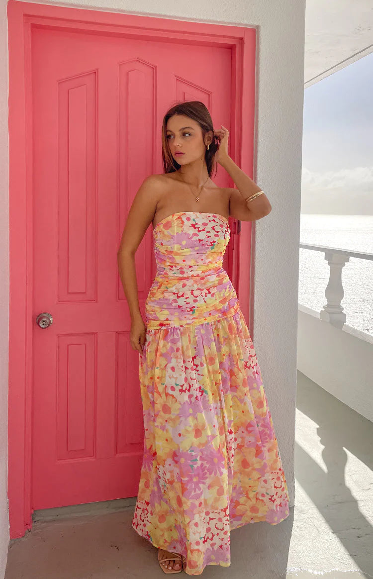 Elegant Strapless Ruched Waist Vibrant Floral Print Maxi Prom Dress For Formal Evening Wedding Guest Bridesmaid Cocktail Party Beach Vacation