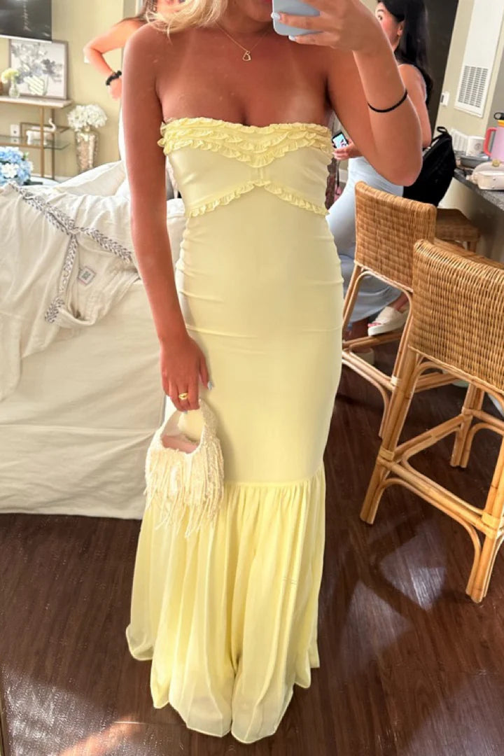 Elegant Strapless Ruffle Bust Detail Ruched Bodice Mermaid Hem Maxi Evening Dress For Formal Evening Prom Wedding Guest Bridesmaid Beach Wedding Cocktail Party Gala