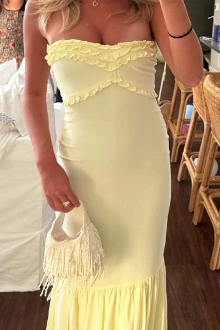 Elegant Strapless Ruffle Bust Detail Ruched Bodice Mermaid Hem Maxi Evening Dress For Formal Evening Prom Wedding Guest Bridesmaid Beach Wedding Cocktail Party Gala