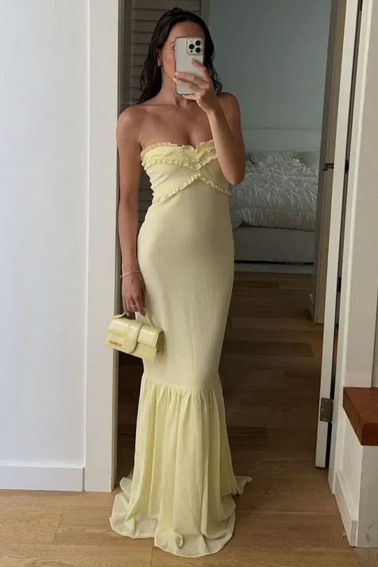 Elegant Strapless Ruffle Bust Detail Ruched Bodice Mermaid Hem Maxi Evening Dress For Formal Evening Prom Wedding Guest Bridesmaid Beach Wedding Cocktail Party Gala